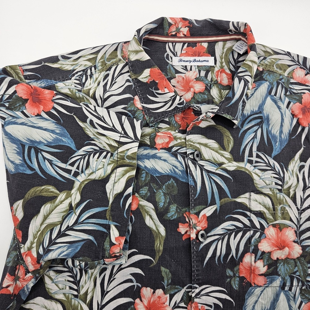 Tommy Bahama Men's L Black Tropical Floral Silk Coolmax Camp Shirt 203-S1325152